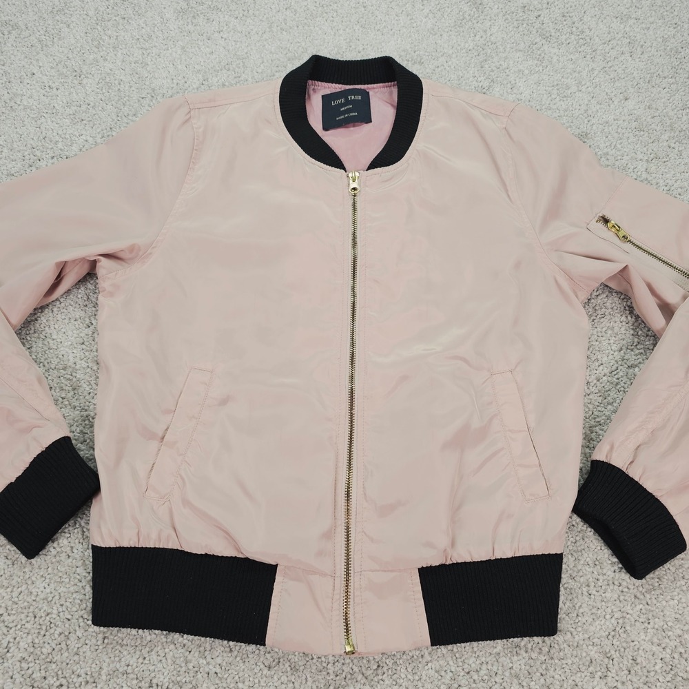 Vtg Love Tree Womens Pink Bomber Jacket‎ Full Zip Medium Grease Pink Ladies